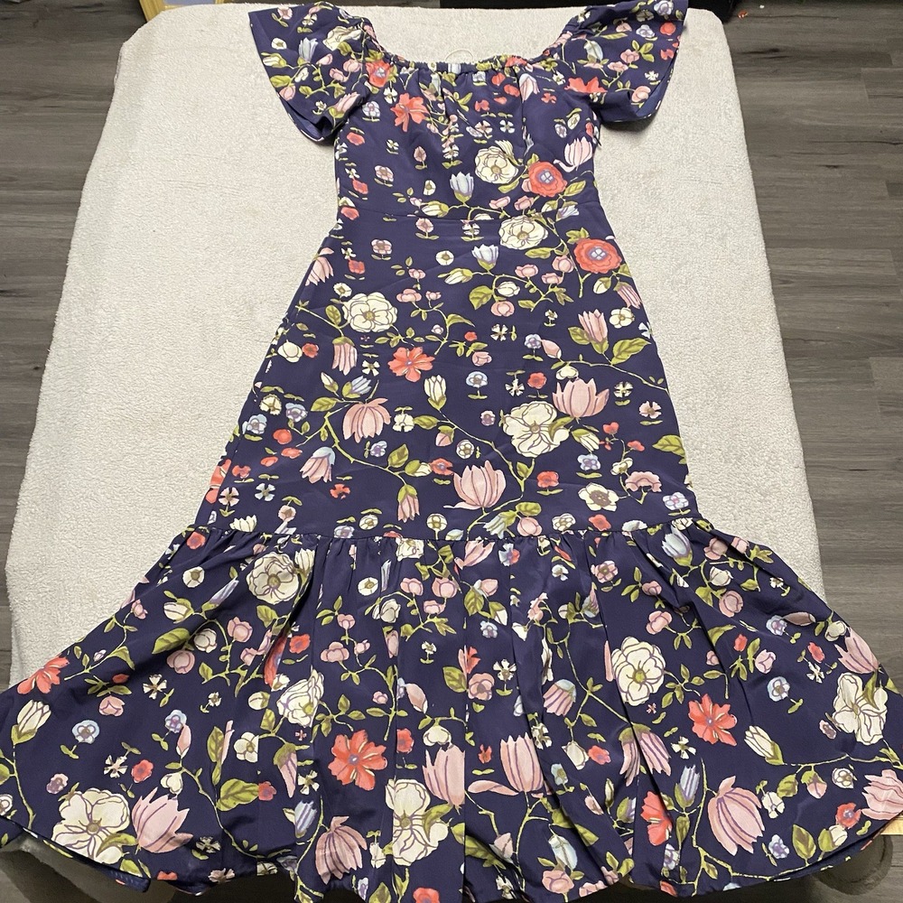 Rebecca Taylor Silk Floral Dress 2 Boho Flower Print Midi Flare Off The Shoulder